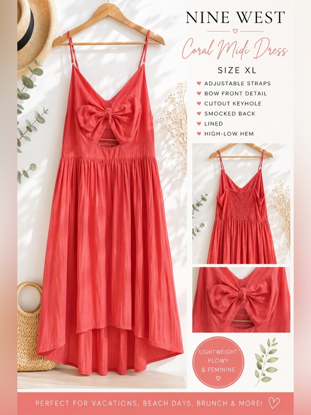Nine West XL Coral Midi Dress Lightweight Sleeveless Bow Front Cutout Smocked